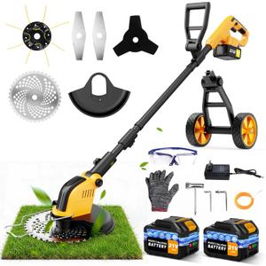 6000mAh Cordless Electric Weed Wacker, 12" Brushless Cordless String Trimmer, 4 in 1 Weed Eater/Brush Cutter/Weed Trimmer with 2*Batteries Powered & Auxiliary Wheels, Grass Trimmer for Yard Care