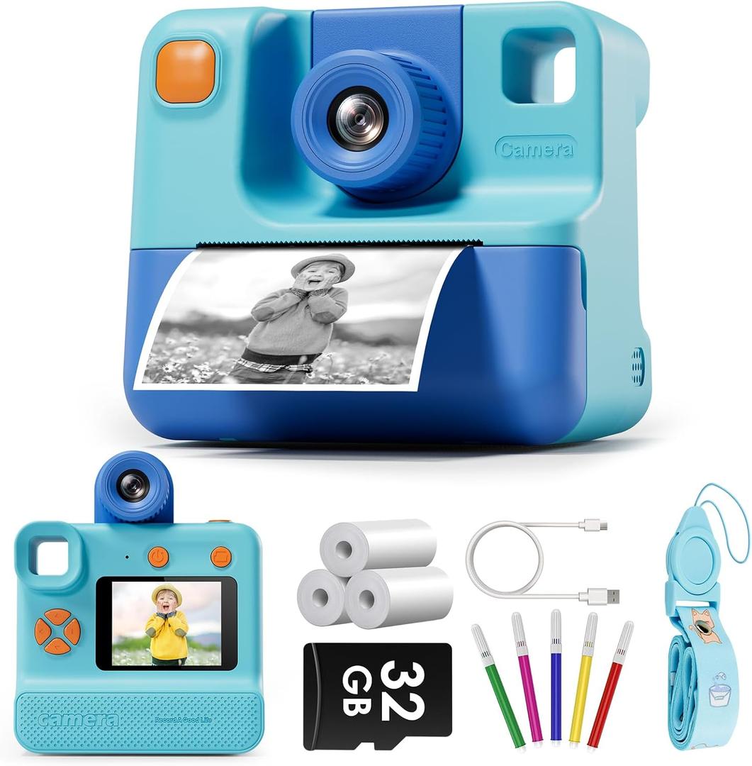 Kids Camera Instant Print, LETSHAHA Christmas Birthday Gifts for Toddler Girls Boys Age 3-12, 24MP & 1080P Selfie Digital Camera with 3 Roll No-Ink Print Paper 32GB SD Card - Blue
