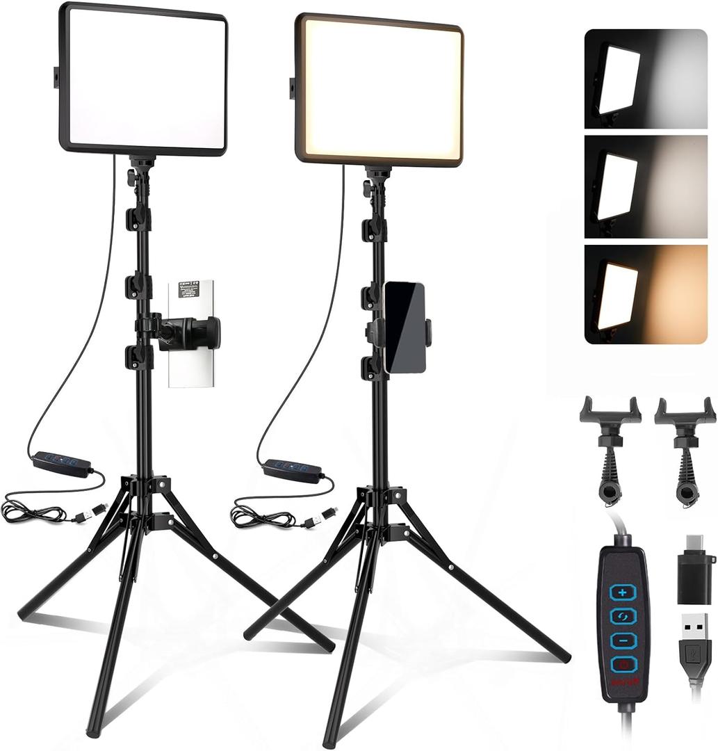 2-Pack LED Video Light Kit, NiceVeedi Studio Light, 2800-6500K Dimmable Photography Lighting Kit with Tripod Stand&Phone Holder, 73" Stream Light for Video Recording, Game Streaming, YouTube (15W-2 Packs(USB-C Adapters))