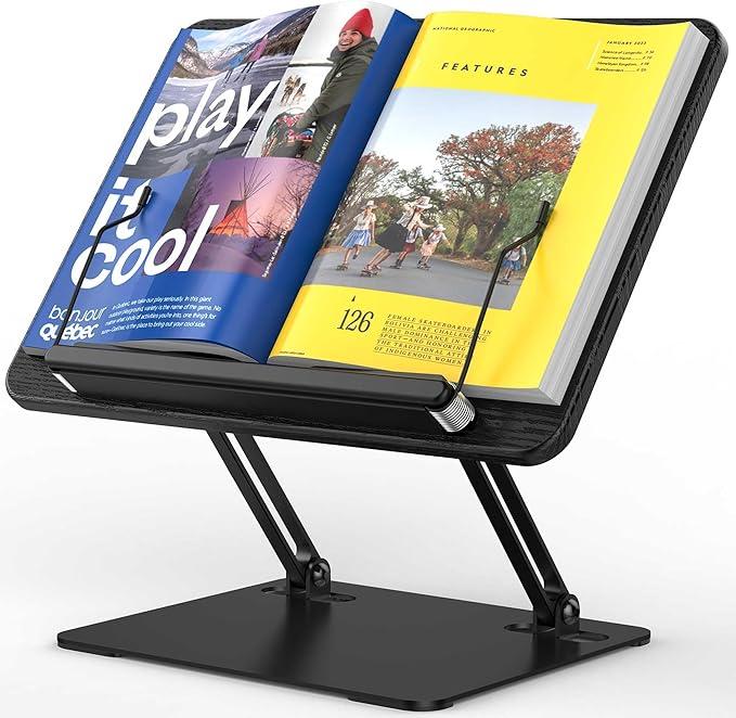 BESIGN BS01 Book Stand for Reading, Adjustable Book Holder, Ergonomic Laptop Stand with Elastic Page Clips for Music Scores, Recipe, Tablet, Laptop (Black)