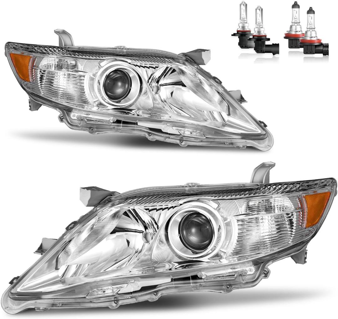Headlights Assembly for 2010 2011 Toyota Camry[4-Door Sedan] Headlamp Replacement Pair (Only fits US Version, does NOT fit hybrid models) (Chrome | With High & Low Beam Bulbs)