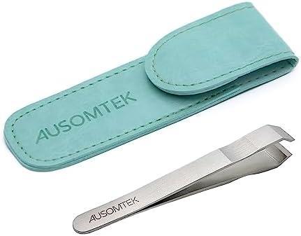 AUSOMTEK Beard & Hair Plucking Tweezers, Fine Eyebrow Tool, Stainless Steel, 10mm Tip, Anti-Slip Slot Design, Cyan PU Case