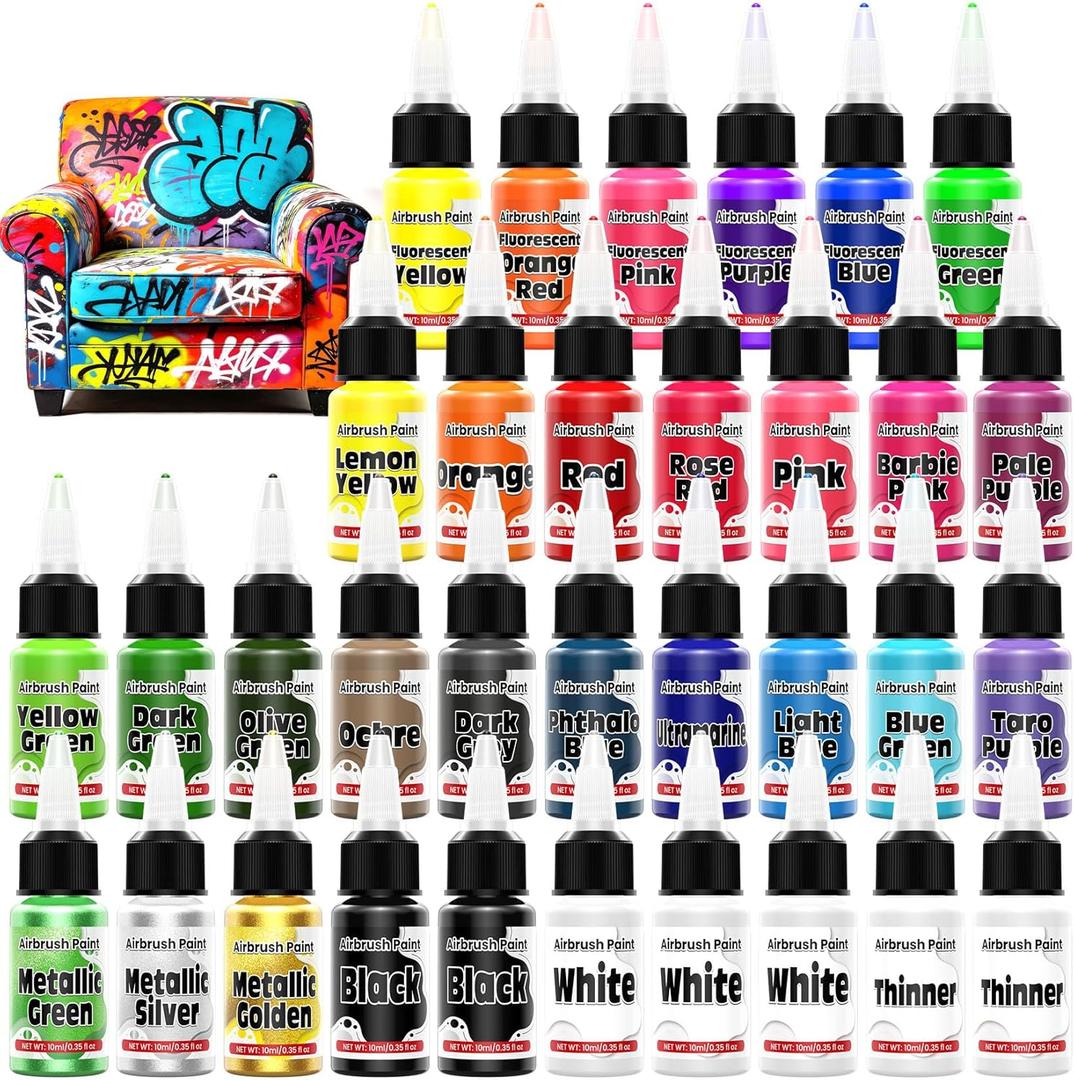 Airbrush Paint - 33 Colors Acrylic Air Brush Painting, Ready to Spray Airbrush Model Paint Kit, Water Based Airbrush Painting with 2 Thinners 6 Primer for Wood, Model Car, Craft, Metal, Plastic