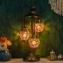 Marrakech Moroccan Mosaic Lamps Turkish Table Lamps, Handmade 3 Globes Turkish Light with Glass Shard and Bronze Base Including 3 LED Bulbs for Living Room Bedroom Decor (Coloful)