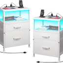 Nightstand with Charging Station Set of 2, LED Night Stand with 2 Fabric Drawers, Side Table with Open Shelf, End Table with Steel Frame, 2 Drawer Dresser for Bedroom, White