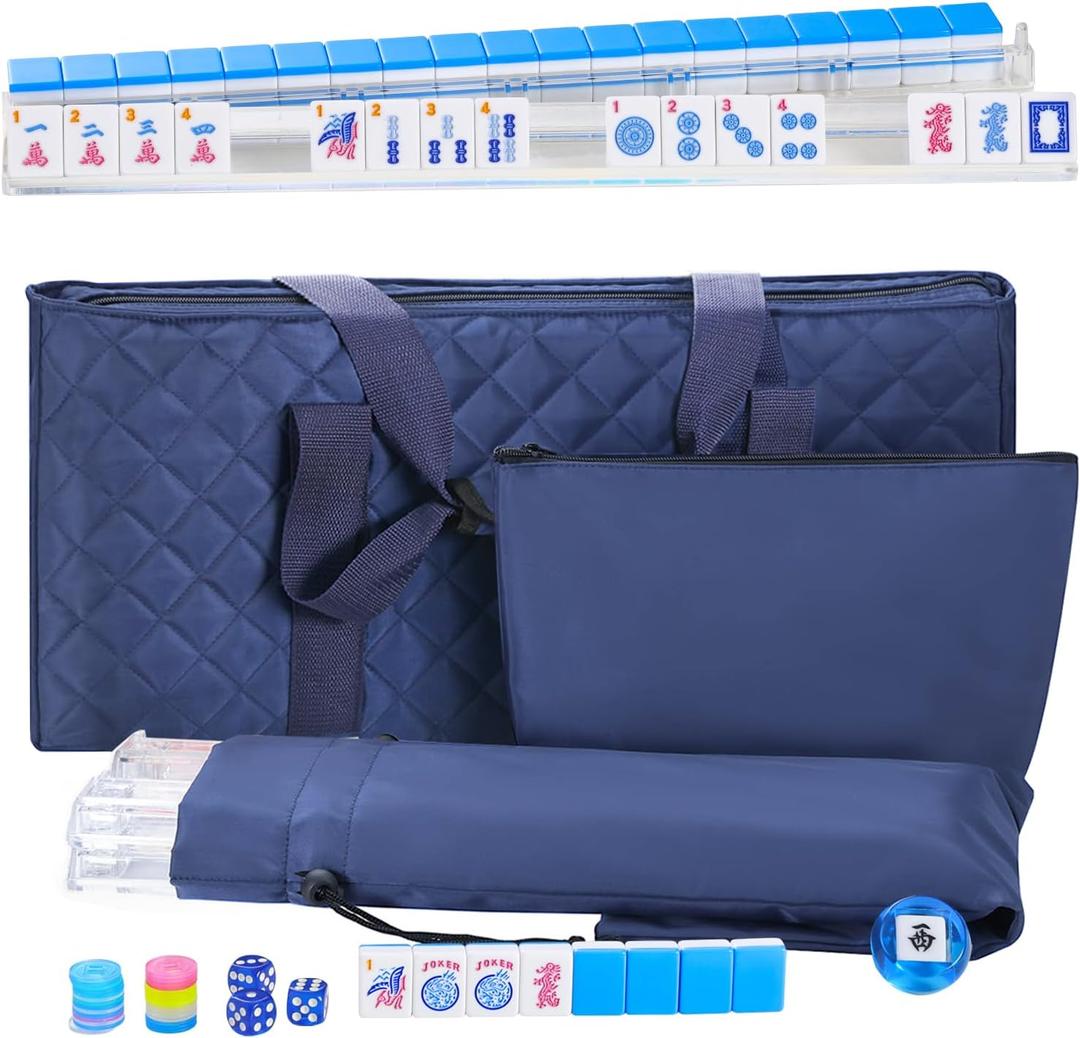 American Mahjong Set: 166 Blue Tiles, 4 Racks, Mahjong Bag and Accessories, Mahjong Tile Set for Beginners
