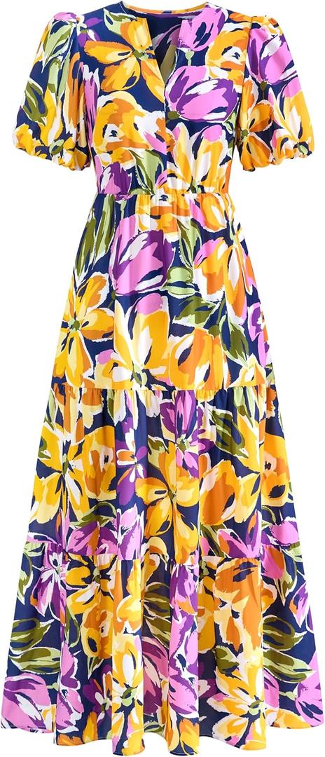 dowerme Womens Summer Dresses 2025 Casual Puff Short Sleeve V Neck Floral Boho Tiered Ruffle Maxi Dress with Pockets (Medium, Navy Yellow Purple)