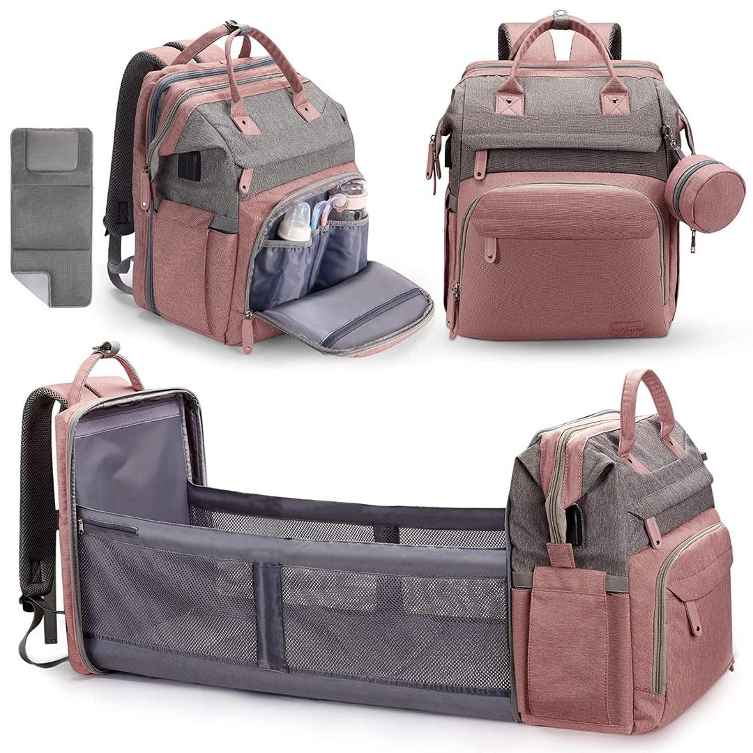 DERJUNSTAR Diaper Bag Backpack  Large Capacity Baby Diaper Bag with Changing Pad for Dad and Mom, Waterproof Travel Backpack, Multi-Function Bag with USB Charging Port, Rose Pink