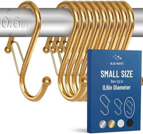 Blau Marité 9-Pack Metal S Hooks for Hanging – Heavy-Duty S-Shaped Hooks with Safety Buckle – Fits Bars up to 0.6 In – Anti-Drop Hook for Kitchen, Pot Racks & Towel Bars – Gold (Small)