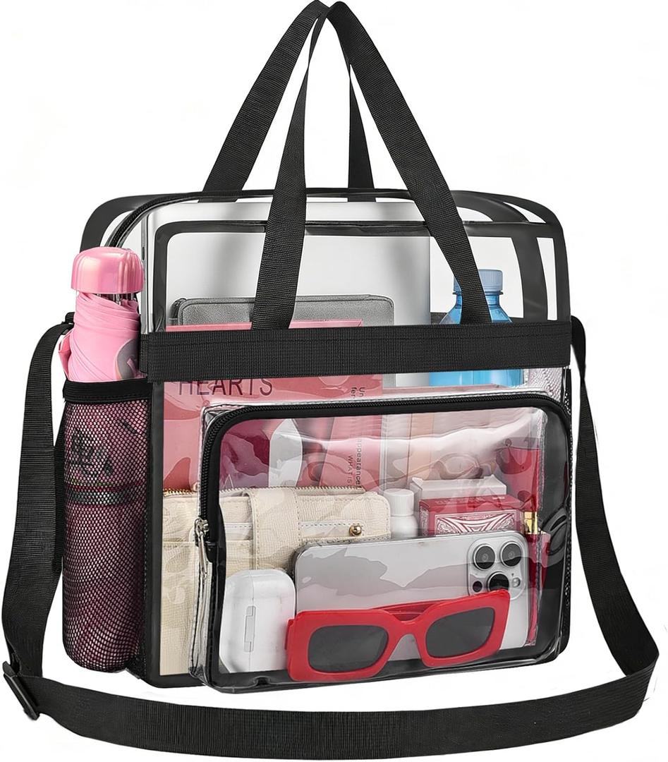 Busiuw Clear Bag for Stadium Events 12x12x6, Clear Bag Clear Tote Bag with Reinforced Straps for Sporting Events Travel (Black)
