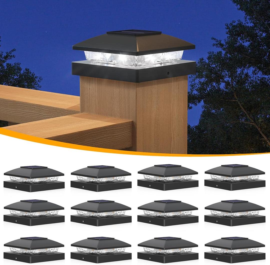 APONUO Solar Post Cap Lights for 4x4 Posts, Bright Cool White LED Post Cap Lights Solar Powered, IP64 Waterproof & All-Night Lighting, Black 12 Pack  Deck, Fence, Patio Light (Easy Install)