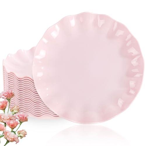 LIYH 25 Pcs 10 Inch Pink Scalloped Plastic Plates Reusable - Unbreakable Plastic Wavy Plates for Weddings Party Outdoor Picnics Dishwasher Safe BPA Free 10" Dinner plate