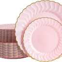 80pcs Pink Scalloped Plastic Plates With Gold Rim, Include 7 inch and 10 inch disposable Plastic Plates for Party, Wedding, Birthday
