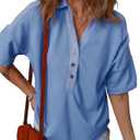 Dokotoo Women‘s Summer Shirts Casual Short Sleeve 1/4 Button Solid Collar Neck Curved Hem Pullover Sweatshirts Tops (Size S, Sky Blue)