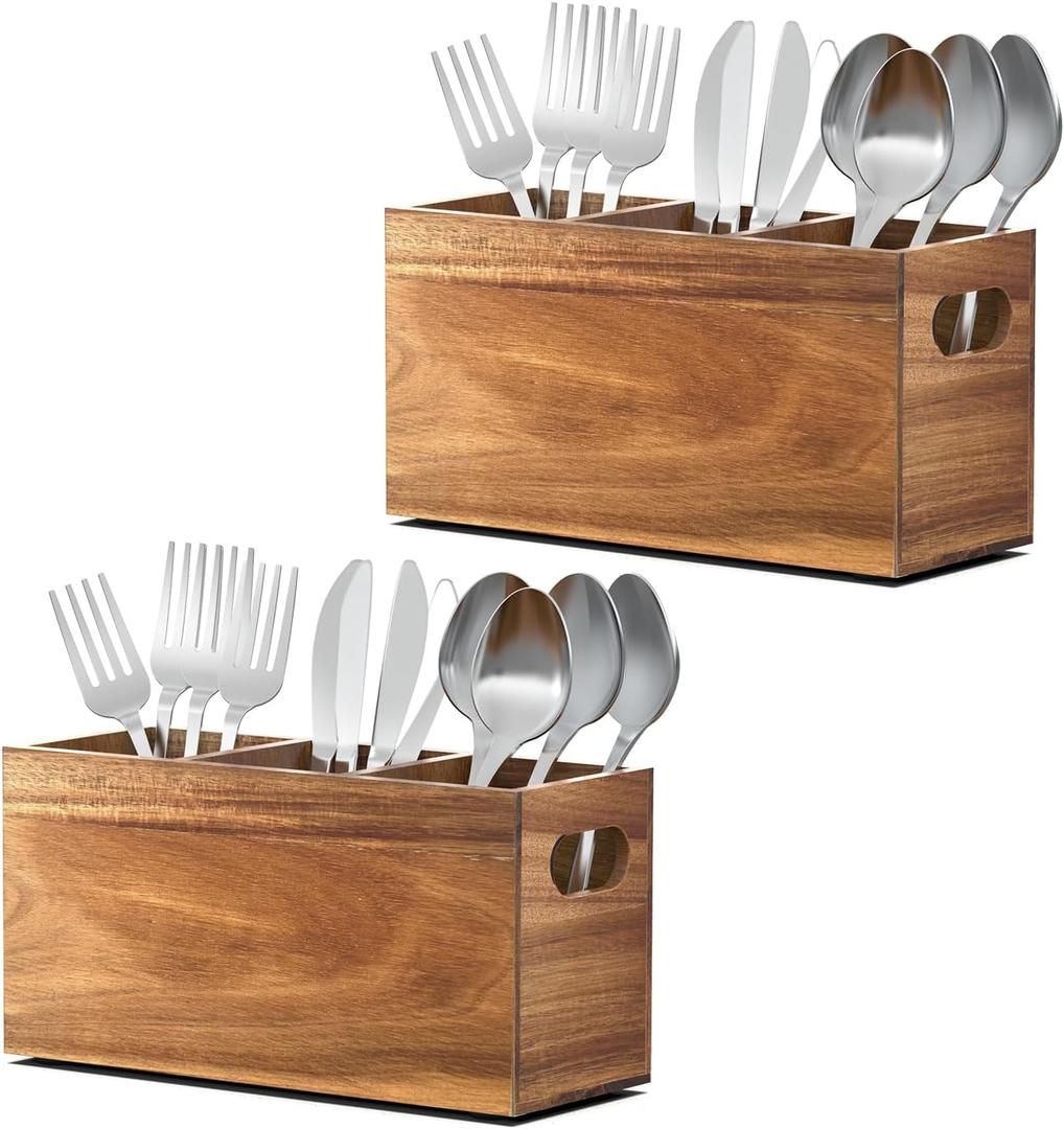KZLCAKK Silverware holder, Acacia Wooden silverware organizer, Utensil holder for party, Utensil holder for party for Countertop Spoon and Fork Holder Flatware Utensils Caddy for Party-2pcs