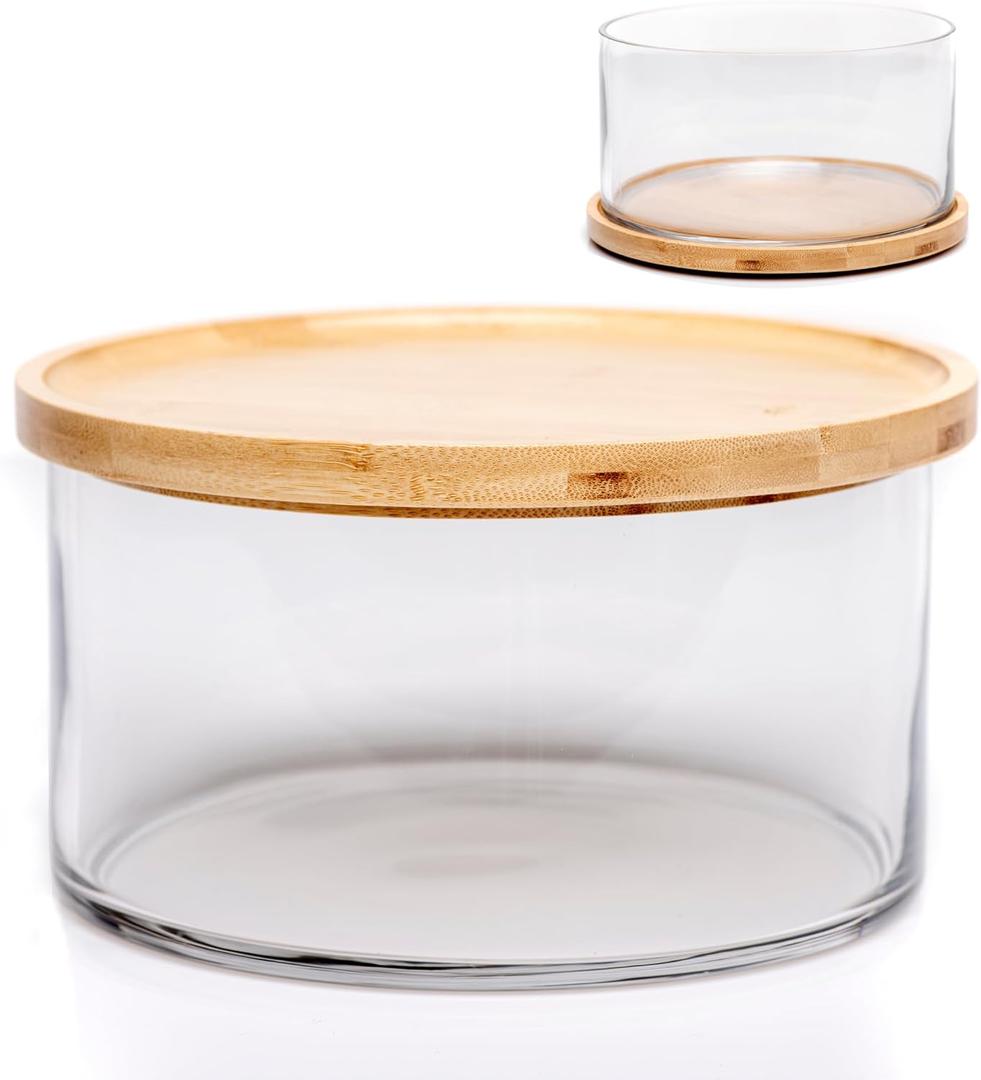 25DOL XXL Extra Large Clear Glass Salad Bowl DishHand Blown Dual Function Bamboo Lid - Mixing Bowl for Salads, Dessert, Fruit, Punch - Centerpiece Large Serving Bowls - Airtight Lid