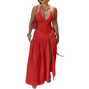 Womens Summer 2 Piece Maxi Skirt Sets Sexy Halter V Neck Backless Thong Bodysuits Wrap Beach Cover Ups Vacation Outfits (Large, Red)