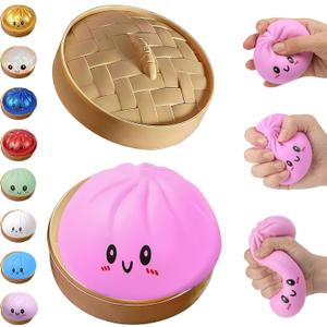 Glitter Dumpling Squishy,Dumpling Squishies,Glitter Dumpling Mystery Box,Colorful Dumpling Stress Balls Fidget,Jumbo Squishy Toy with Steamer Box,Soft Squeeze Decompression Dough (Pink)