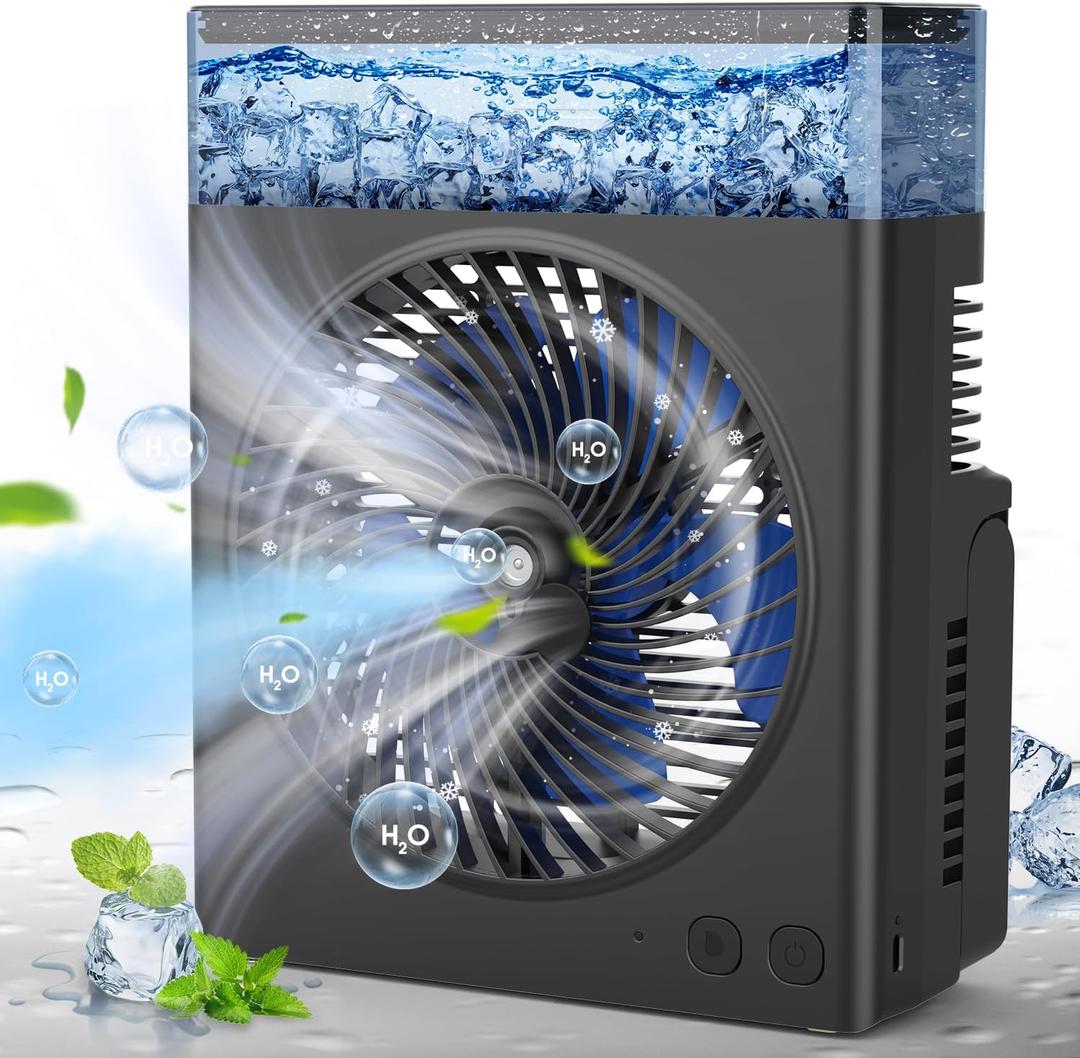 Portable Misting Fan, 8000mAh 8-Inch Rechargeable Water Cooling Mist Fan with 600mL Water Tank, Quiet USB Battery Powered, Perfect Cooling for Camping Home Outside Office (Black)