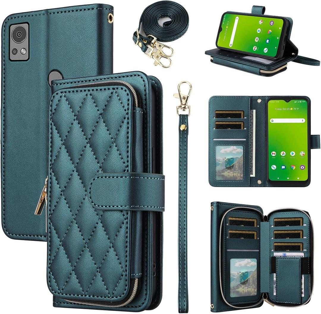 Argyle Wallet Case for Cricket Icon 5 SL112C/AT&T Motivate 4 SL112A with Wrist Strap Shoulder Strap, 9+ Card Slots Zipper Purse Stand Checkered Phone Cover for Icon5/ATT Motivate4 Green