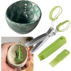 2025 Latest Herb Stripper Pottery Bowl Cutter Tool: Stripping Ceramic Fresh Herbs Kale Striper Cilantro Cutting Razor Gifts Herbalists Peeler Shredder Chopper Clay Copper Small Cup Grater (GREEN B)