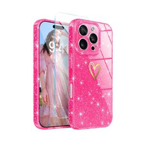 Qviskteme for iPhone 16 Pro Max Case for Women Men Cute,Clear Glitter with [1 x Tempered Glass Screen Protector] Slim Fit 16 Pro Max Phone Cases Shockproof Bumper Protective Silicone Cover (Hot Pink), Pack of 2