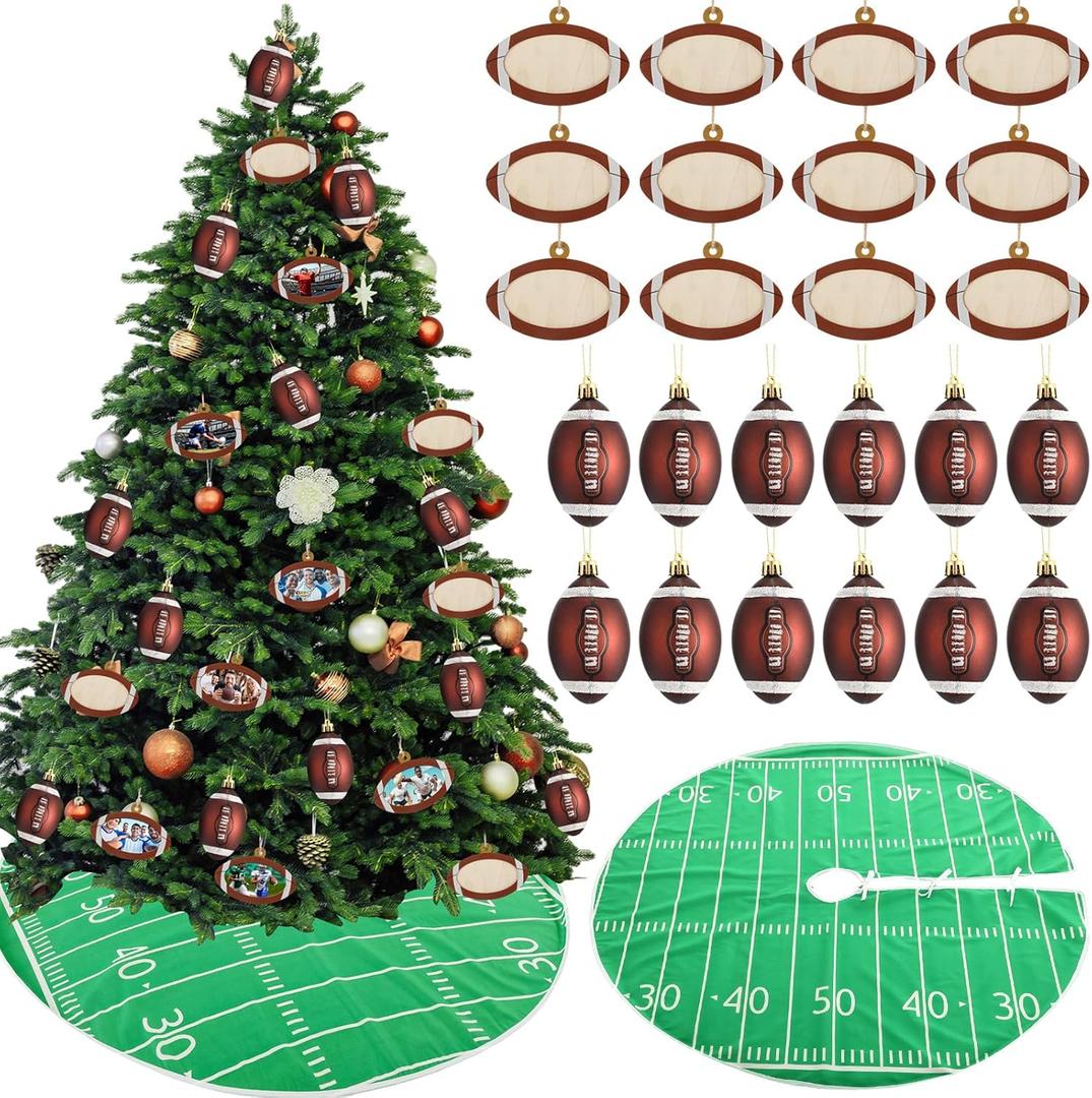 Syhood 26 Pcs Football Christmas Decor Set Include 12 Sports Ball Ornaments 36'' Print Christmas Tree Skirt 12 Wooden Mini Sports Ornaments and Rope for Home Xmas Holiday Party