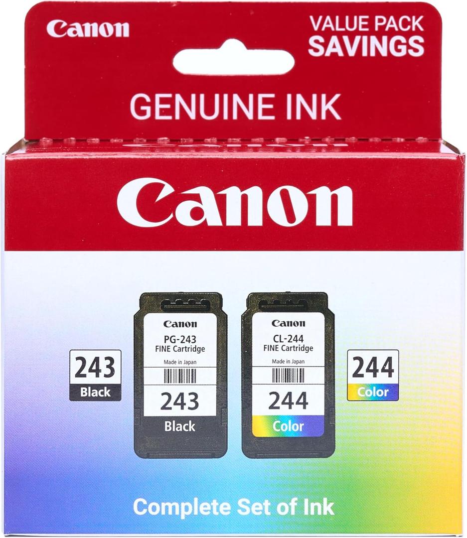 Canon PG-243 / CL-244 Genuine Ink Value Pack (2 Cartridges), Compatible with iP2820, MX492, MG2420/2520/2920/2922/2924/3020/2522/2525, TS3120/302/302a/202/4520/3320 (Pigment Black and Color Ink Cartridge, Black)