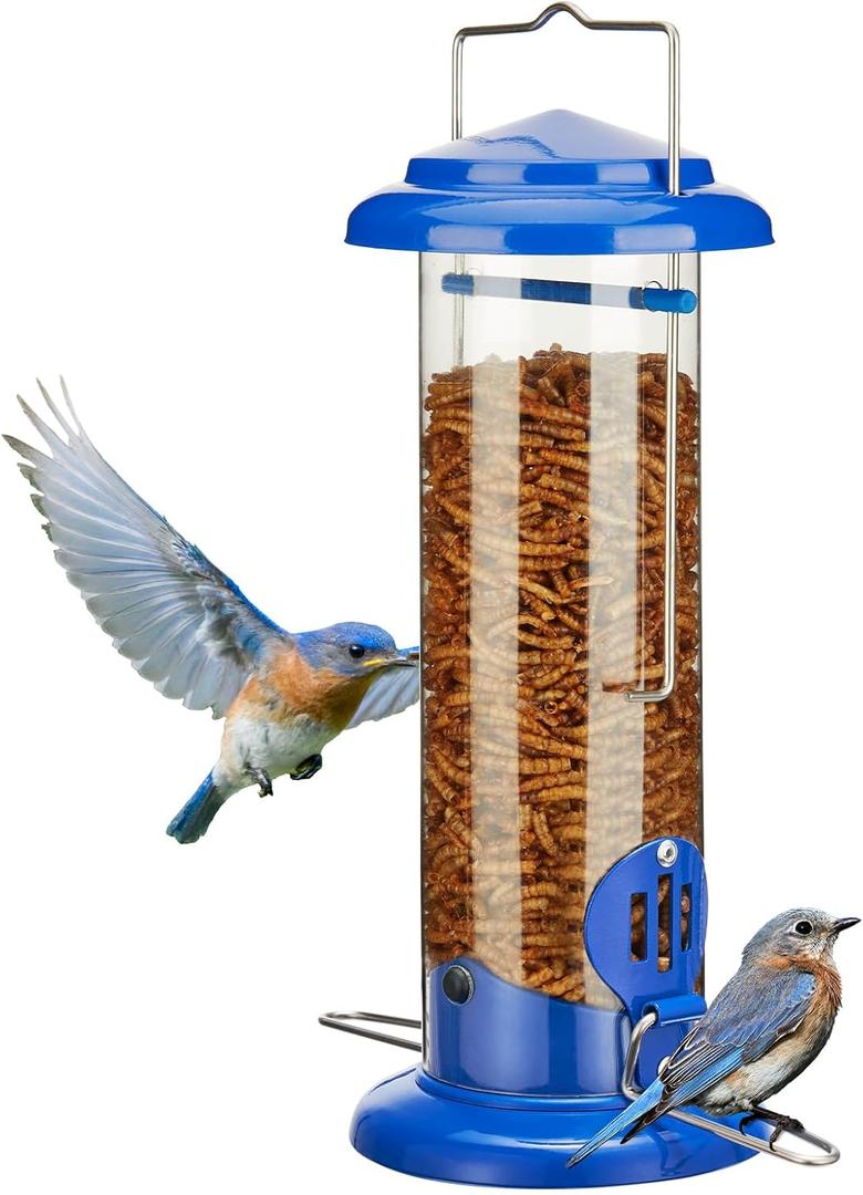 Kingsyard Upgraded Bluebird Feeder for Outdoors Hanging - Metal Mealworm Tube Bird Feeder for Blue Birds Robins Wrens Titmice, Blue