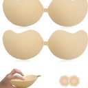 Backless Strapless Bra for Push Up, 2 Pairs Thick Padded Adhesive Invisible Sticky for Women and Wedding Dress (Beige)