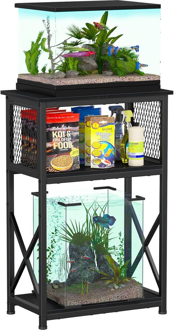 Snughome 10 Gallon Aquarium Stand with Storage, 3 Tier Heavy Metal Fish Tank Stand Shelf 20.47" x 11.42" x 30.91", Black