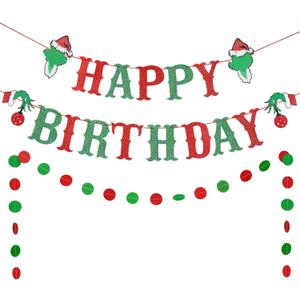 TeePolly Red and Green Glitter Grinches Christmas Happy Birthday Banner for Christmas Birthday Party Decorations