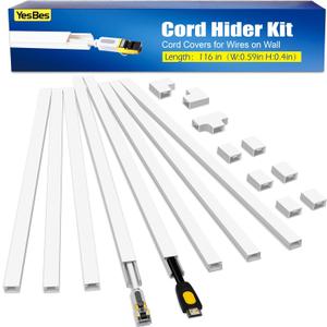 116in Cord Hider Kit, Cord Covers for Wires on Wall, Cord Hider for Wall Mount tv, Paintable Cable Raceway, tv Cable Hider Wall kit, Wire Covers for Cords, W0.59in X H0.4in, White