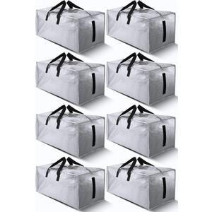 8 Pack Large Strong Bags with Zippers & Carrying Handles - Water-Resistant - Heavy Duty Storage Tote for Space Saving Storage, Fold Flat, Alternative to Moving Box (Silver)