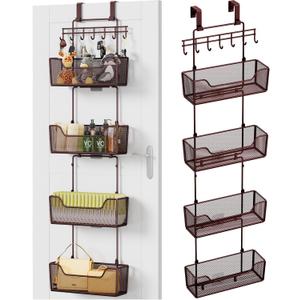HapiRm Over The Door Organizer - Hanging Door Organizer with 4 Metal Large Capacity Baskets and Adjustable Coat Hook for Bathroom Bedroom Kitchen Pantry Closet Cabinet (Brown)