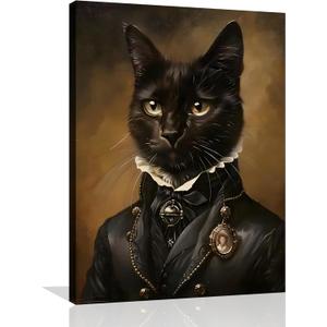 Art Funny Black Cat Poster Gothic Cat Canvas Wall Art Victorian Renaissance Kitten Prints Goth Halloween Academia Kitten Painting for Living Room Bedroom Framed 12X16 inch