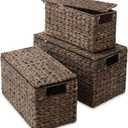 Set of 3 Water Hyacinth Storage Baskets with Lids, Espresso - Small, Medium, Large Woven Nesting Bins for Bathroom, Bedroom, Closets, Shelves