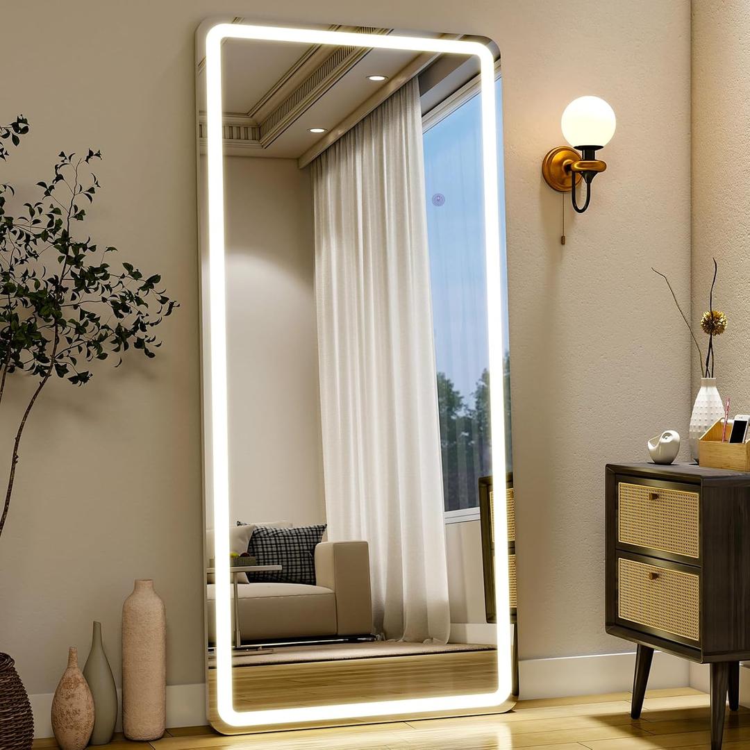 26x68 inch Full Length Mirror with Lights, LED Lighted Floor Standing, Hanging Mirror Full Length with Stand Free, Full Body Dressing Mirrors with Dimmable 3 Color LED (Round Corner)