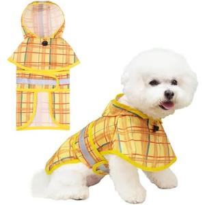 KOOLTAIL Dog Raincoat Hooded Slicker Poncho with Leash Hole, Raincoat for Small Medium Dogs, Waterproof Doggie Rain Jacket with Reflective Strip, Adjustable Breathable Plaid Puppy Rainwear-Yellow M
