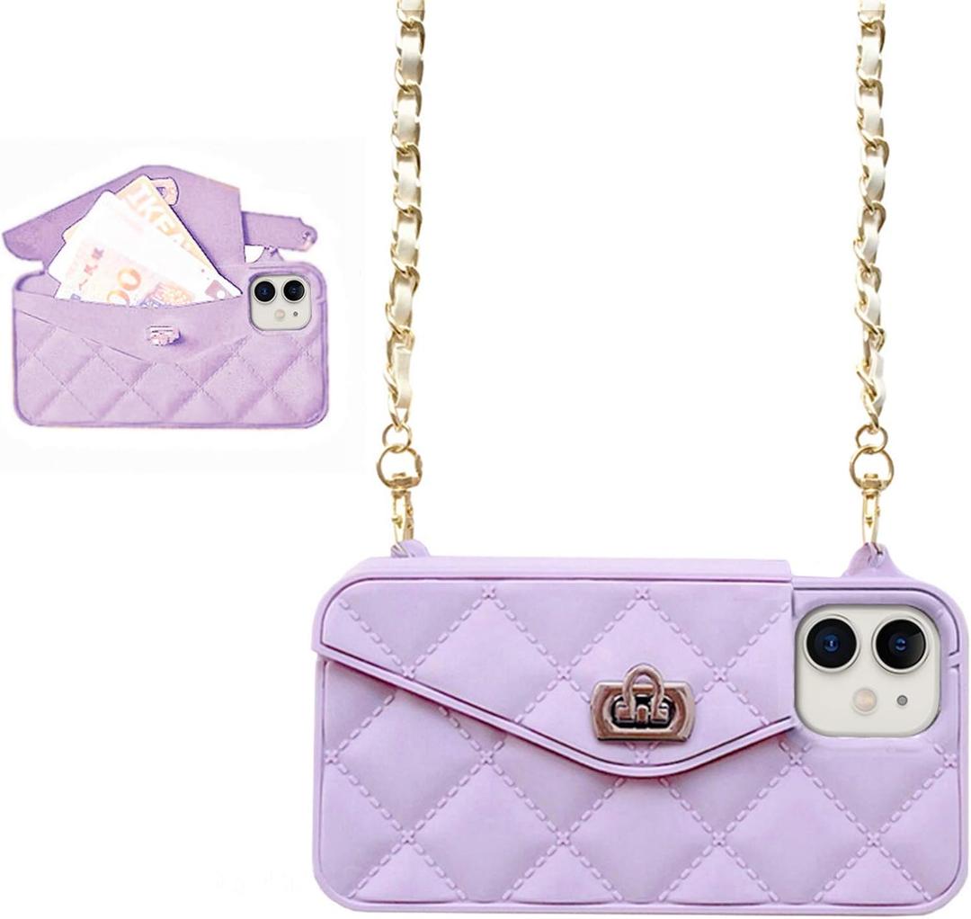 UnnFiko Wallet Case Compatible with iPhone 11, Cute Light Luxury Bag Design, Purse Flip Card Pouch Cover Soft Silicone Case with Handstrap Long Shoulder Strap (Purple, iPhone 11)