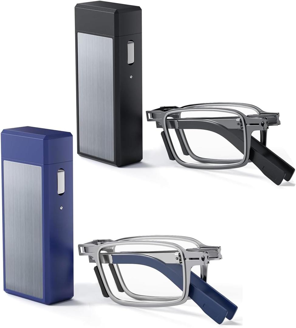 Hubeye Ultra Thin Folding Reading Glasses for Men 2 Pack Blue Light Blocking Compact Computer Foldable Readers With Case, +2.00