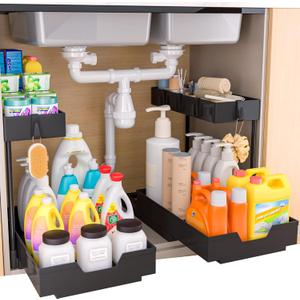 2 Pack Under Sink Organizer, 2 Tier Sliding L-shape Kitchen Bathroom Cabinet Organizers and Storage with Hook Large Capacity Pull Out Sink Organizer Multi-purpose Drawer Basket Storage Shelves, Black