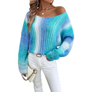 SHENHE Women's Long Sleeve Knit Sweater Top Sleeve Ombre Scoop Neck Casual Sweater Pullover Top Mint Blue Large
