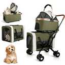 Double Pet Stroller for Dogs and Cats: Dog Stroller Foldable Travel Carriage with Detachable Carriers, Safety Belts, and 4 Lockable Wheels for Small to Medium Pets Ideal for Multi-Pet Homes (Green)