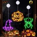 Joomer Halloween Battery Operated Window Lights, Orange Pumpkins, Purple Hats and Green Spider, Halloween Lights Decorations with Suction Cup and Timer Functions (Batteries not Included)
