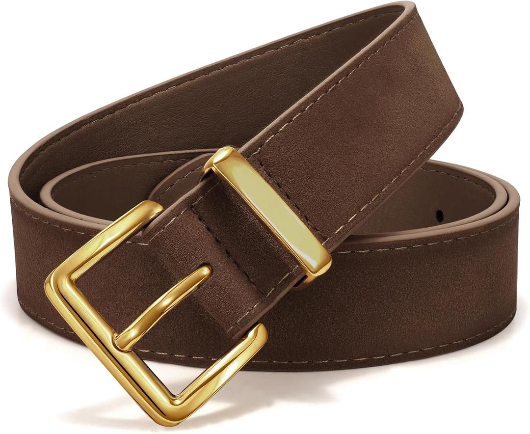 LEACOOLKEY Women Suede Belt for Jeans Dresses Fashion Elegant Ladies Suede Leather Belt with Gold Buckle, Fit Waist Size 28"-32"