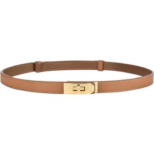 FENLDY Adjustable Thin Belts For Womens Skinny Belts For Dresses Womens Solid Color Alloy Turn Lock Belts For Jeans (Caramel Color With Gold Buckle)