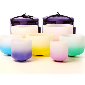 Leize Chakra Tuned 432hz Set of 7 Gradient Color Quartz Crystal Singing Bowls 6-12 inch with Heavy Duty Carrying Cases and Singing Bowl Mallets
