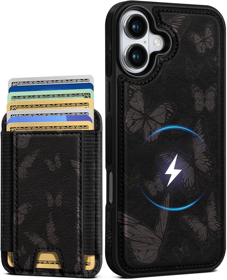Shorogyt for iPhone 16 Plus Cute Kawaii Phone Case - Compatible with Magsafe Wallet Magnetic Credit Card Holder Black Butterfly Design Leather Phone Cover for Women Girls, Fits 7 Cards