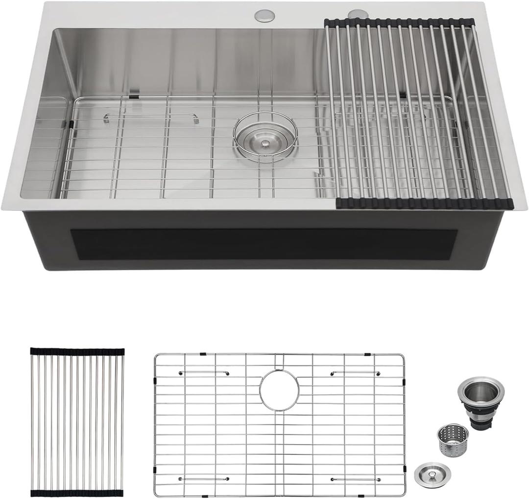 Mocoloo 32 Inch Drop In Kitchen Sink - 32 x 18 Inch Stainless Steel Kitchen Sinks Topmount 16 Gauge Single Bowl Above Counter Handmade Sink, 10'' Deep Basin, 32"x18"x10"